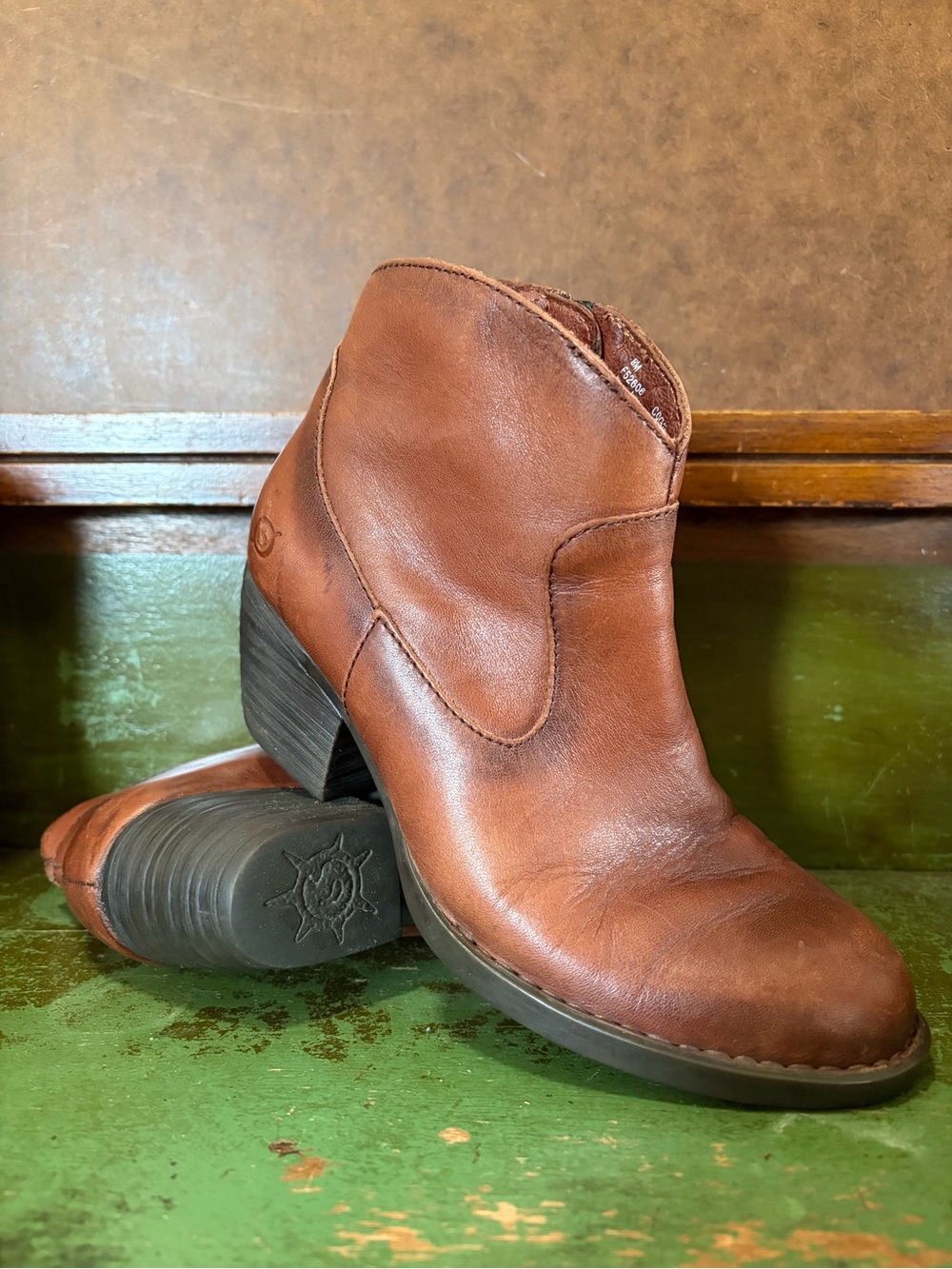 Born Cognac Brown Leather Ankle Booties with Block Heel